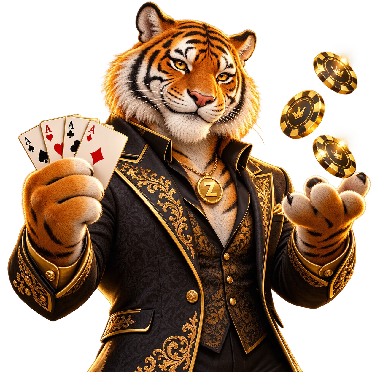 Tigre de Casino Zanza con cartas y fichas doradas